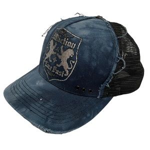 Affliction Denim Distressed Leather Bill Snapback Trucker Hat